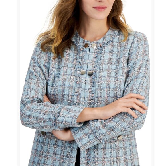 Ann Klein Tweed Double Breasted Blazer Jacket 14 Preppy Blue Pink Multi Metallic - Picture 3 of 16